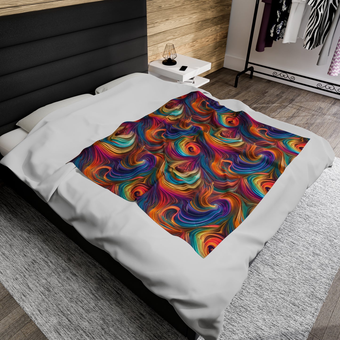 Velveteen Plush Blanket, Colorful Swirls Design, Mesmerizing Throw, Cozy Blankie, Home Decor Accent, Snuggle Must-Have, Vibrant Bedding