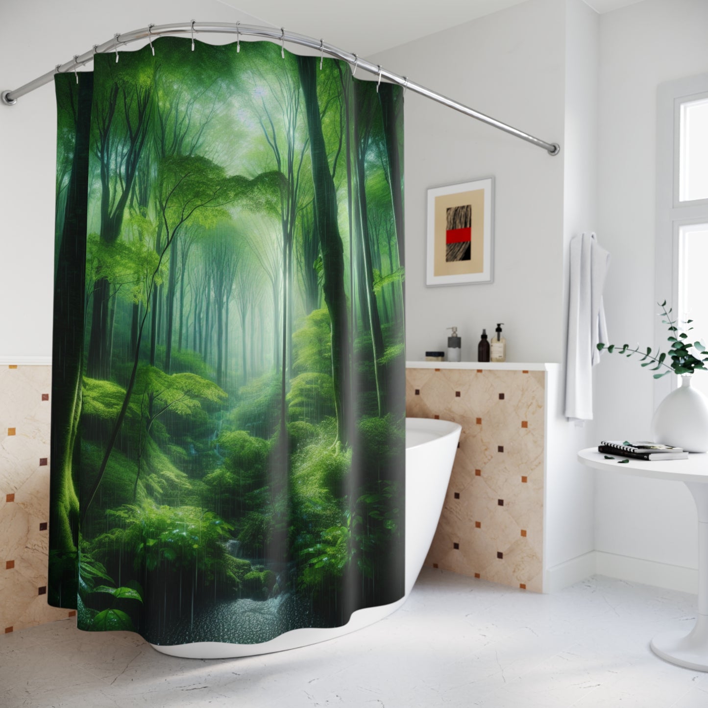 Shower Curtains - Rainy Forest Calming Design, Nature Bathroom Decor, Waterfall Scene Bath Curtain, Modern Home Accessories, Relaxing Forest