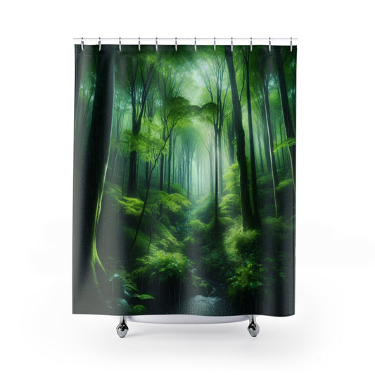 Shower Curtains - Rainy Forest Calming Design, Nature Bathroom Decor, Waterfall Scene Bath Curtain, Modern Home Accessories, Relaxing Forest